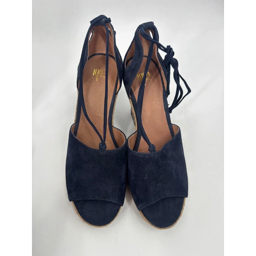 Cabi Espadrille Wedge Sandals Womens 7.5M Navy Blue Suede Lace Up Boho 5310